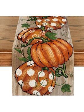 Fall Table Runner Polka Dot Pumpkins Thanksgiving Autumn Kitchen Dining Decor
